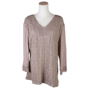 Shannon Ford 2X Taupe Lace Knit Tunic Top Boho Romantic Textured Blouse